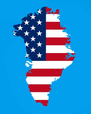 Amerika Birleşik Devletleri bayrağıyla Grönland Adası haritası..