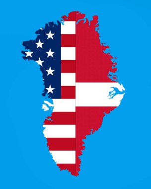 Amerika Birleşik Devletleri ve Denmar bayrağıyla Grönland Adası Haritası