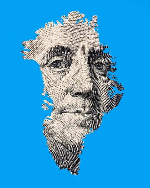 Grönland haritasında Franklin 'in portresi var. 100 dolarlık banknotun bir parçası.