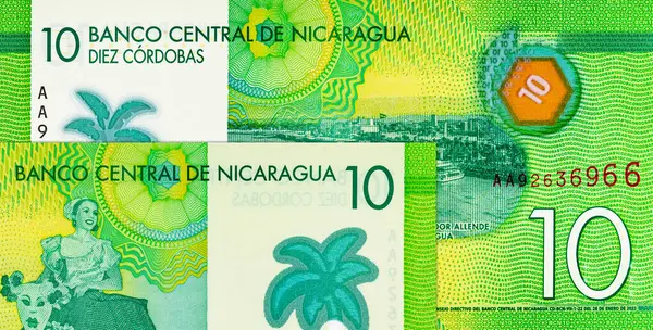 10 Cordobas Nikaragua, tasarım için bir banknotun parçası. Nikaragua 'nın polimer parası