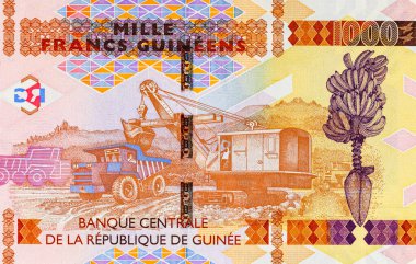 Açık çukur yöntemiyle Bauxite madenciliği imajı verilmiş 1000 gine frangı. Afrika Gine parası. Yakın plan..