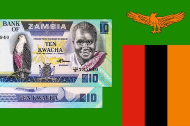 Banknote 10 kwacha Zambia ve Başkan Kenneth Kaunda 'nın portresi tasarım için. Zambiya ve Afrika 'nın parası. Zambiya bayrağı