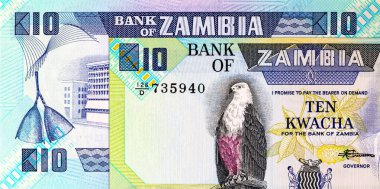 Banknote 10 kwacha Zambia, tasarım için parça. Zambiya ve Afrika 'nın parası