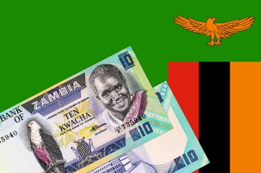 Banknote 10 kwacha Zambia ve Başkan Kenneth Kaunda 'nın portresi tasarım için. Zambiya ve Afrika 'nın parası. Zambiya bayrağı