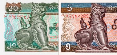 1994 'te Myanmar' da 20 Kyats banknotunun bir parçası. Asya ve Myanmar 'ın kağıt parası.