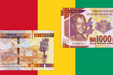 Afrikalı bir kızın portresiyle 1000 gine. Afrika Gine parası yakın plan. Gine Ulusal Bayrağı.