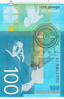 Nikola Tesla 'nın portresiyle 100 Dinara Sırbistan banknotu. Sırbistan ve Avrupa 'nın Parası.