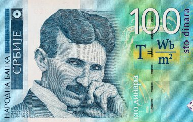 Nikola Tesla 'nın portresiyle 100 Dinara Sırbistan banknotu. Sırbistan ve Avrupa 'nın Parası.