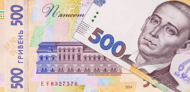 Ukrayna banknotu Kyiv-Mohyla Akademisi 'nin resmine sahip 500 Hryvnia. Ukrayna 'nın kağıt parası.