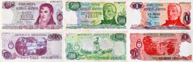 Arjantin 'in kağıt parası. Arjantin pesoları, tasarım için banknot parçaları.
