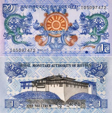 1 Bhutanese ngultrum banknotu, tasarımcılar için bir parça. Bhutanese kağıt parası.