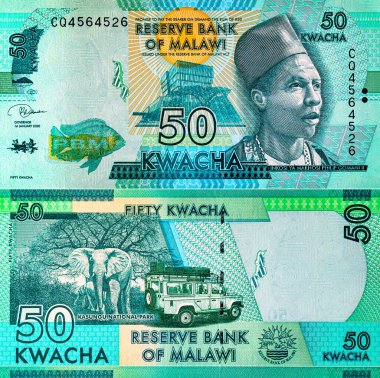 Malawi 50 kwacha banknot, tasarım için parça. Malavi parası..