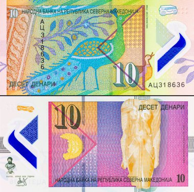 Polimer parası. Banknote 10 dinar Makedonya, 2020. Makedonya 'nın Para Birimi