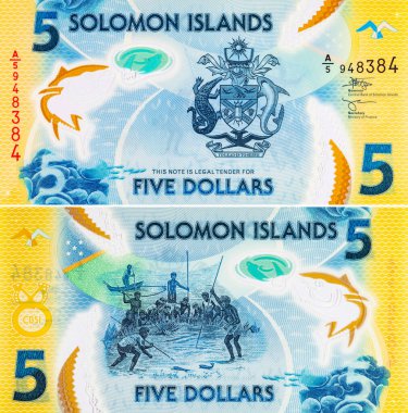 Solomon Adaları 5 Dolar. Polimer banknot parçası 2019 'da çıkarılmış ton balığını gösteriyor. Solomon Adalarının Parası.