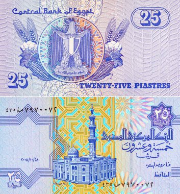 Mısır 25 Piastres 2004 Banknotları Mısır arması resmi ile. Mısır 'ın parası.