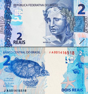 Banknote 2 Reais, Brezilya. Tasarımcılar için parça. Brezilya 'nın parası.