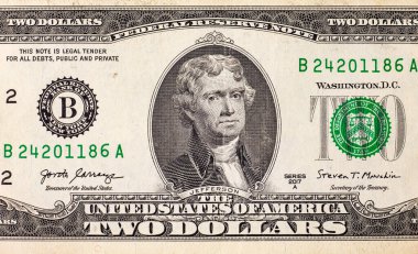 Amerika 'nın 2 dolarlık banknotu. Amerika 'nın kağıt parası. Doların bir parçası