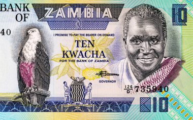 Banknote 10 kwacha Zambia ve Başkan Kenneth Kaunda 'nın portresi tasarım için. Zambiya ve Afrika 'nın parası