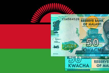 Malawi 50 kwacha banknot, tasarım için parça. Malavi parası. Ulusal Malavi bayrağı.