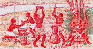 Ulusal kabileleri tasvir eden Gine-Bissau 'nun 50 peso banknotu. Gine-Bissau 'nun kağıt parası..