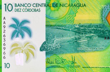 10 Cordobas Nikaragua, tasarım için bir banknotun parçası. Nikaragua 'nın polimer parası