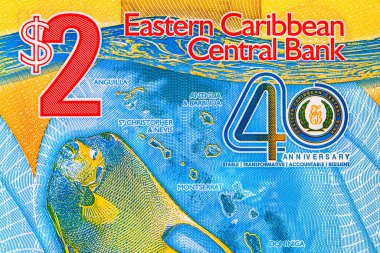 Doğu Karayipler 'e 2 dolar, adaların ve sualtı dünyasının görüntüsüne sahip polimer banknot. Doğu Karayip parası