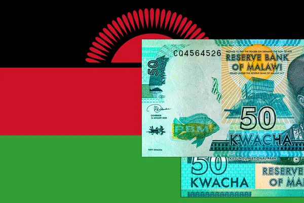 Malawi 50 kwacha banknot, tasarım için parça. Malavi parası. Ulusal Malavi bayrağı.