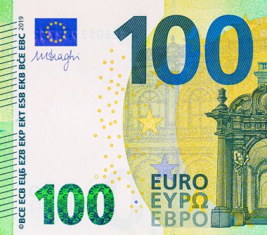 100 avroluk banknotun bir parçası. Avrupa Birliği parası.