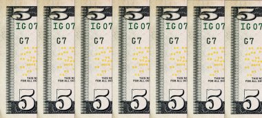 Kağıt banknotların klasik unsurları. Bonistikler. Tasarım amaçlı 5 Amerikan Doları banknotunun bir parçası. Amerika Birleşik Devletleri