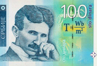 Nikola Tesla 'nın portresiyle 100 Dinara Sırbistan banknotu. Sırbistan ve Avrupa 'nın Parası