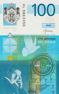 Nikola Tesla 'nın portresiyle 100 Dinara Sırbistan banknotu. Sırbistan ve Avrupa 'nın Parası