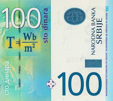 Nikola Tesla 'nın portresiyle 100 Dinara Sırbistan banknotu. Sırbistan ve Avrupa 'nın Parası.