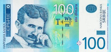 Nikola Tesla 'nın portresiyle 100 Dinara Sırbistan banknotu. Sırbistan ve Avrupa 'nın Parası.