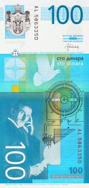 Nikola Tesla 'nın portresiyle 100 Dinara Sırbistan banknotu. Sırbistan ve Avrupa 'nın Parası.