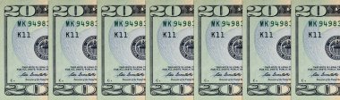 Tasarım amaçlı 20 dolarlık banknotun bir parçası. Çeşitli Amerikan banknotlarına yakın çekim. ABD para birimi.