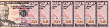 Tasarım amaçlı 50 Amerikan doları banknotunun bir parçası. Amerika Birleşik Devletleri 'nin parası. Kağıt para elementleri. Bonistikler.