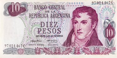 General Manuel Belgrano 'nun portresiyle Arjantin' in 10 peso banknotu. Arjantin 'in eski kağıt parası. Tasarım için bir banknotun parçası.