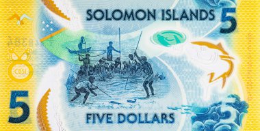 Solomon Adaları 5 Dolar. Polimer banknot, sualtında balık tutan bir adam resmi. Solomon Adalarının Parası.