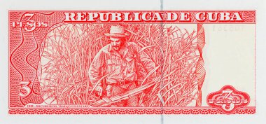 Kübalı 3 peso ve şeker kamışı kesen bir çiftçinin portresi. Antika Küba parası.