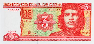 Ernesto Che Guevara 'nın portresiyle Küba' dan 3 peso. Küba 'nın antika parası