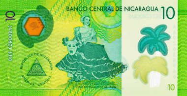 10 Cordobas Nikaragua, tasarım için bir banknotun parçası. Nikaragua 'nın polimer parası