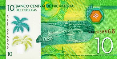 10 Cordobas Nikaragua, tasarım için bir banknotun parçası. Nikaragua 'nın polimer parası