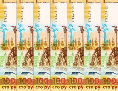 Rusya 'nın 100 rublelik banknotunda Sivastopol' daki kayıp gemilerin anıtının resmi var. Rusya Kırım 'ı işgal etti. Rusya 'nın kağıt parası..