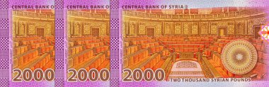 Suriye 'de 2000 Pound' luk banknot Suriye 'de Suriye Parlamentosu' nun görüntüsü var. Suriye 'nin kağıt parası.