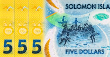 Solomon Adaları 5 Dolar. Polimer banknot, sualtında balık tutan bir adam resmi. Solomon Adalarının Parası.