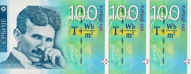 Nikola Tesla 'nın portresiyle 100 Dinara Sırbistan banknotu. Sırbistan ve Avrupa 'nın Parası