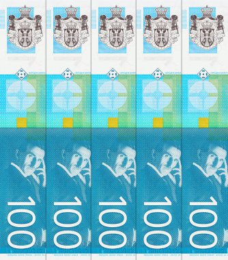 Nikola Tesla 'nın portresiyle 100 Dinara Sırbistan banknotu. Sırbistan ve Avrupa 'nın Parası.