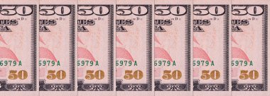 Tasarım amaçlı 50 Amerikan doları banknotunun bir parçası. Amerika Birleşik Devletleri 'nin parası. Kağıt para elementleri. Bonistikler.