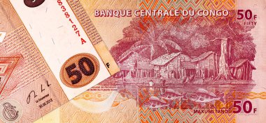 Banknote 50 frank. Üzerinde Balıkçı Köyü resmi var. Tasarım için. Afrika ve Kongo 'nun kağıt parası..