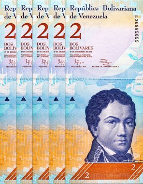 Üzerinde Francisco de Miranda resmi olan Venezuela 2 Bolivar banknotu. Venezuela parası.
